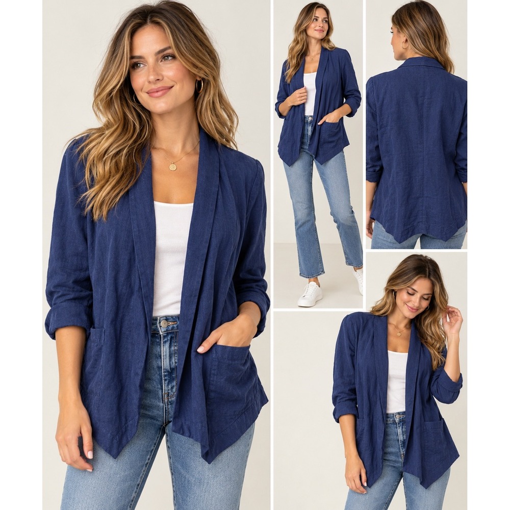 Maurices Navy Blue Linen Blend Open Front Cardigan Jacket XL Pockets